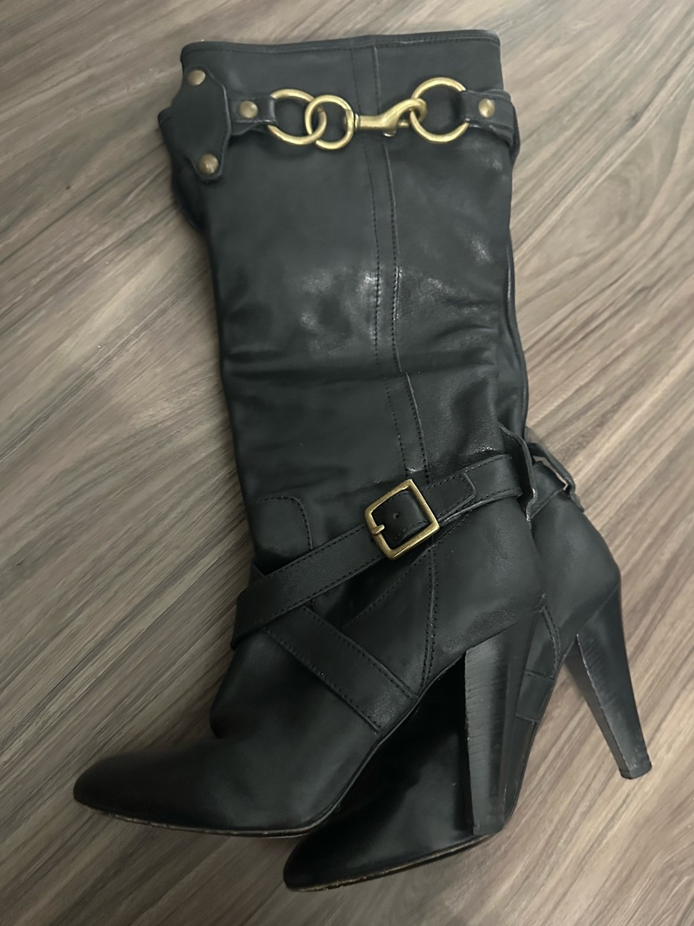 Vintage Coach Black Leather Maribelle Heeled Boots with Gold Hardware Size 7